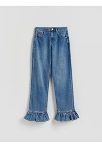Reserved - Jeansy wide leg z falbankami - niebieski. Kolor: niebieski #1