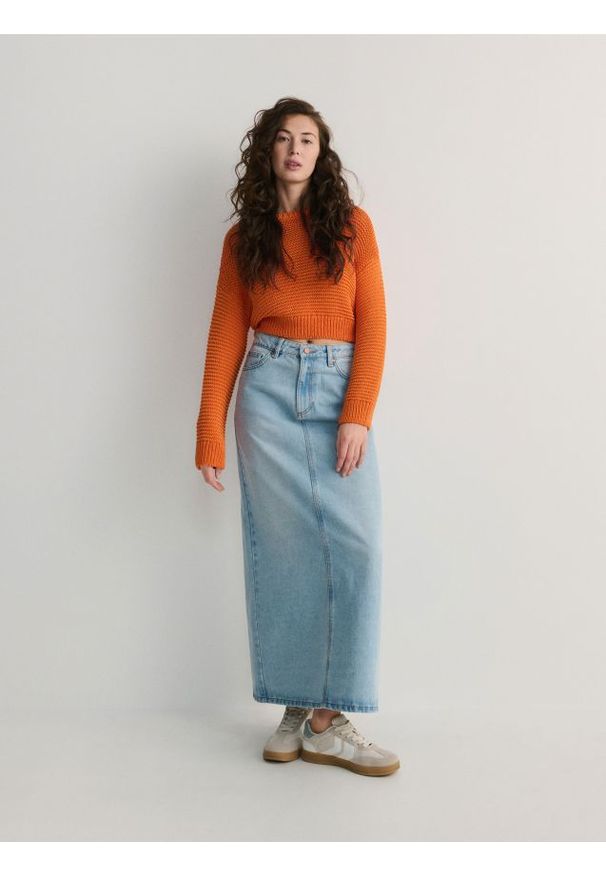 Reserved - Sweter o strukturalnym splocie - pomarańczowy. Kolor: pomarańczowy. Materiał: dzianina, bawełna. Wzór: ze splotem