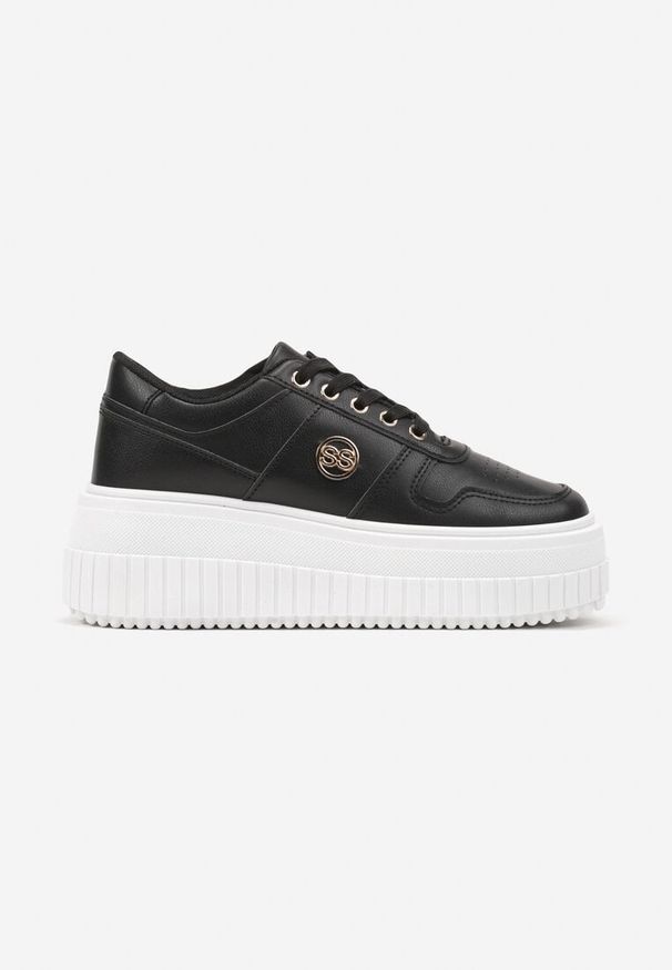 Renee - Czarne Sneakersy na Tłoczonej Platformie z Metaliczną Wstawką z Boku Mevel. Okazja: na co dzień. Kolor: czarny. Materiał: jeans, skóra. Obcas: na platformie. Sport: turystyka piesza