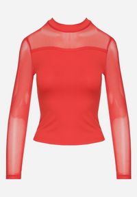 Born2be - Czerwona Bluzka z Golfem Vices Ozdobiona Transparentnymi Wstawkami Hatalie. Okazja: na co dzień. Typ kołnierza: golf. Kolor: czerwony. Materiał: jeans. Długość rękawa: długi rękaw. Długość: długie. Wzór: aplikacja. Styl: klasyczny, casual