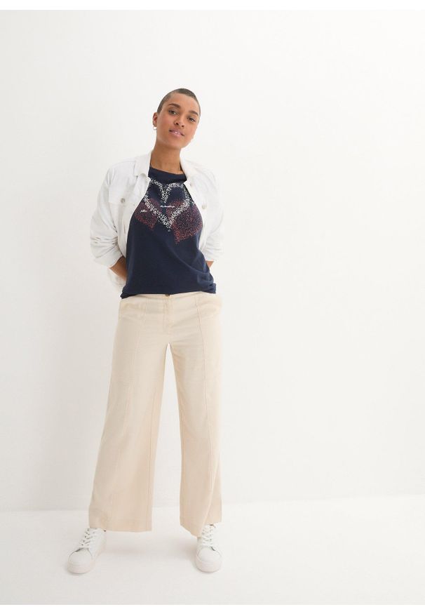 bonprix - Bluzka bawełniana z nadrukiem serca z bawełny organicznej. Kolor: niebieski. Materiał: bawełna. Długość rękawa: krótki rękaw. Długość: krótkie. Wzór: nadruk