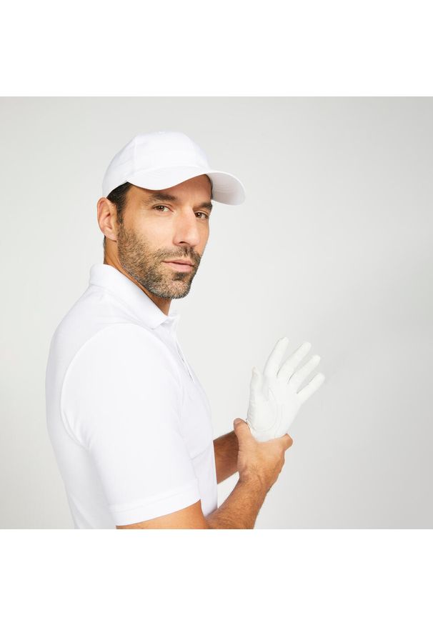 INESIS - Koszulka polo do golfa z krótkim rękawem męska Inesis WW500. Typ kołnierza: golf, polo. Kolor: biały. Materiał: materiał, poliester. Długość rękawa: krótki rękaw. Długość: krótkie. Wzór: ze splotem. Styl: sportowy