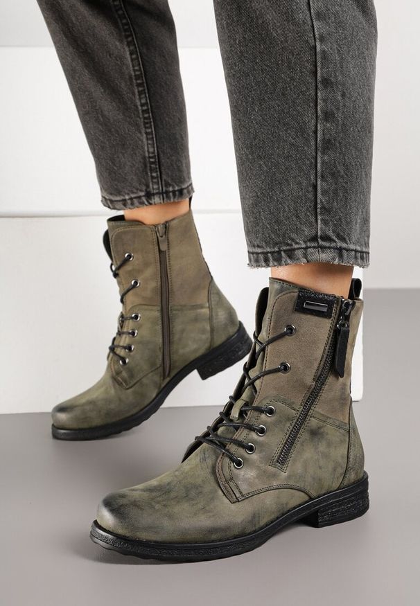 Born2be - Zielone Botki Workery ze Sznurowaniem i Zapięciem na Suwak Vemida. Okazja: na co dzień. Zapięcie: sznurówki. Kolor: zielony. Materiał: jeans. Obcas: na obcasie. Styl: klasyczny, casual, elegancki. Wysokość obcasa: niski