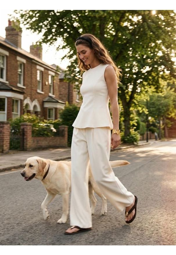 Sinsay - Komplet: top bez rękawów i szerokie spodnie z domieszką wiskozy - kremowy. Kolor: kremowy. Materiał: wiskoza. Długość rękawa: bez rękawów