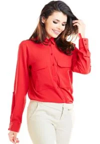 Awama - Czerwona Koszula z Kieszeniami Typu Kargo. Kolor: czerwony. Materiał: poliester