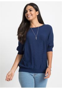 bonprix - Sweter z cienkiej dzianiny z mieszanki bawełny. Kolor: niebieski. Materiał: dzianina, bawełna. Długość rękawa: krótki rękaw. Długość: krótkie. Wzór: gładki, ze splotem #1