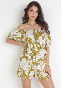 Born2be - Zielony Kombinezon z Wiskozy z Hiszpańskim Dekoltem w Kwiaty Astinn. Kolor: zielony. Materiał: wiskoza. Wzór: kwiaty. Sezon: lato #1