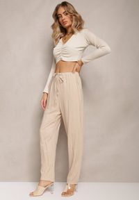 Renee - Beżowe Proste Spodnie Bawełniane z Gumką w Pasie Xisela. Kolor: beżowy. Materiał: bawełna. Styl: elegancki #4