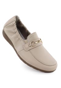 Skórzane półbuty damskie komfortowe mokasyny beżowe Rieker L9354-60. Kolor: beżowy. Materiał: skóra #1