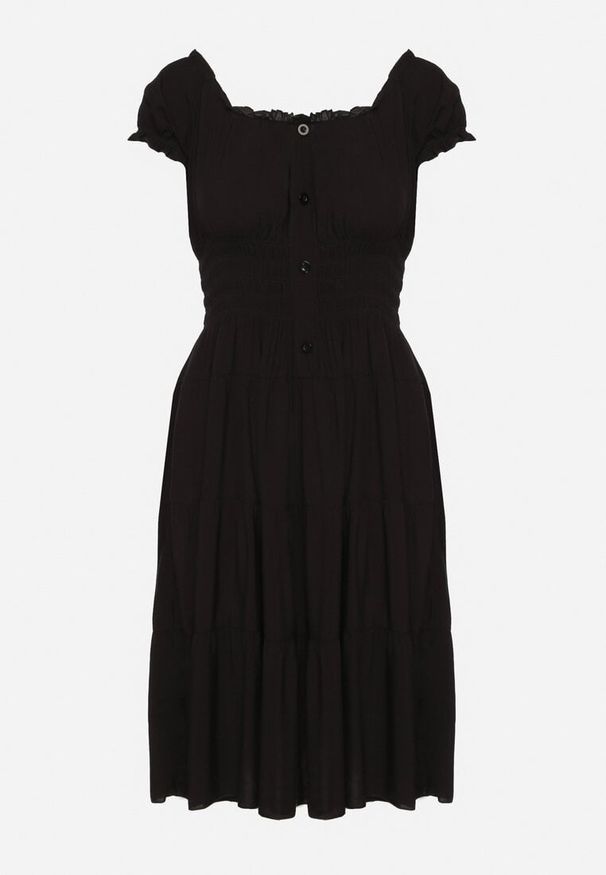 Born2be - Czarna Bawełniana Rozkloszowana Sukienka z Guzikami i Bufiastymi Rękawami Annivi. Okazja: na co dzień. Kolor: czarny. Materiał: bawełna. Styl: klasyczny, casual, elegancki