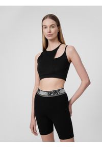 4f - Crop top z asymetrycznym ramiączkiem damski. Kolor: czarny. Materiał: dzianina. Długość rękawa: na ramiączkach #1