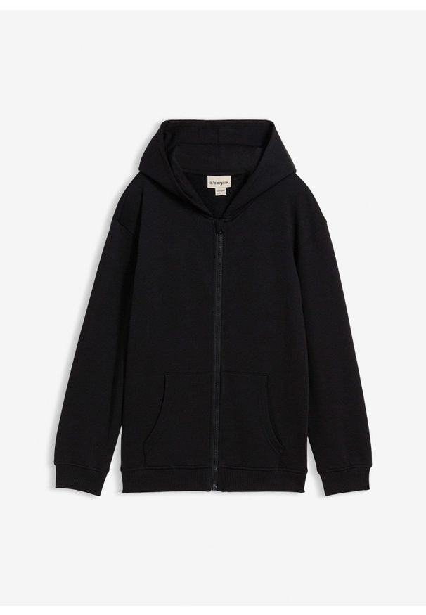 bonprix - Bluza rozpinana z kapturem, z miękkiego materiału z bawełną organiczną. Typ kołnierza: kaptur. Kolor: czarny. Materiał: materiał, bawełna