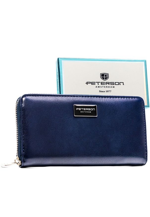Portfel-piórnik damski ze skóry naturalnej i ekologicznej w granatowym kolorze zamykany na suwak - Peterson. Kolor: niebieski. Materiał: skóra ekologiczna
