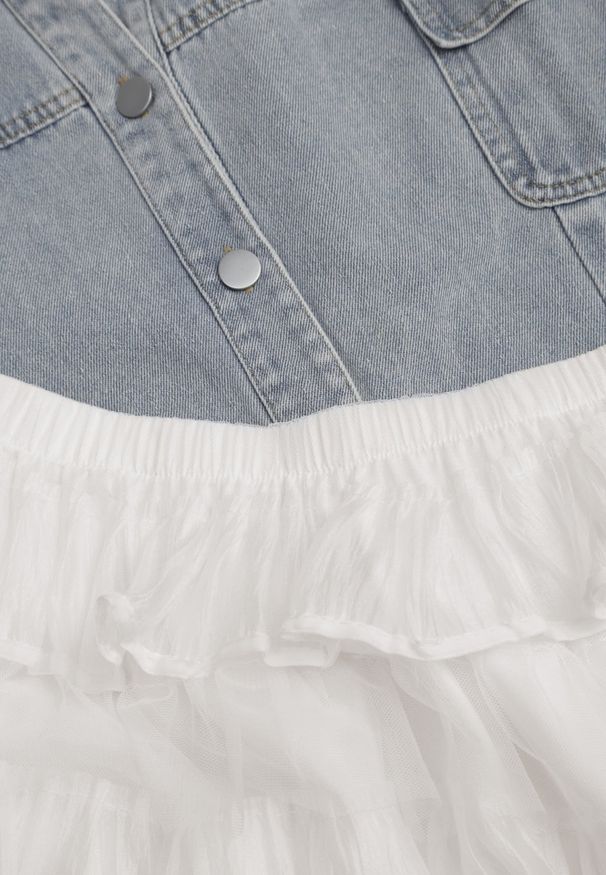 Renee - Jasnoniebieski Wiskozowo-Bawełniany Komplet Spódnica z Falbanami i Koszula z Wiązaniem Aethecea. Kolor: niebieski. Materiał: wiskoza, bawełna