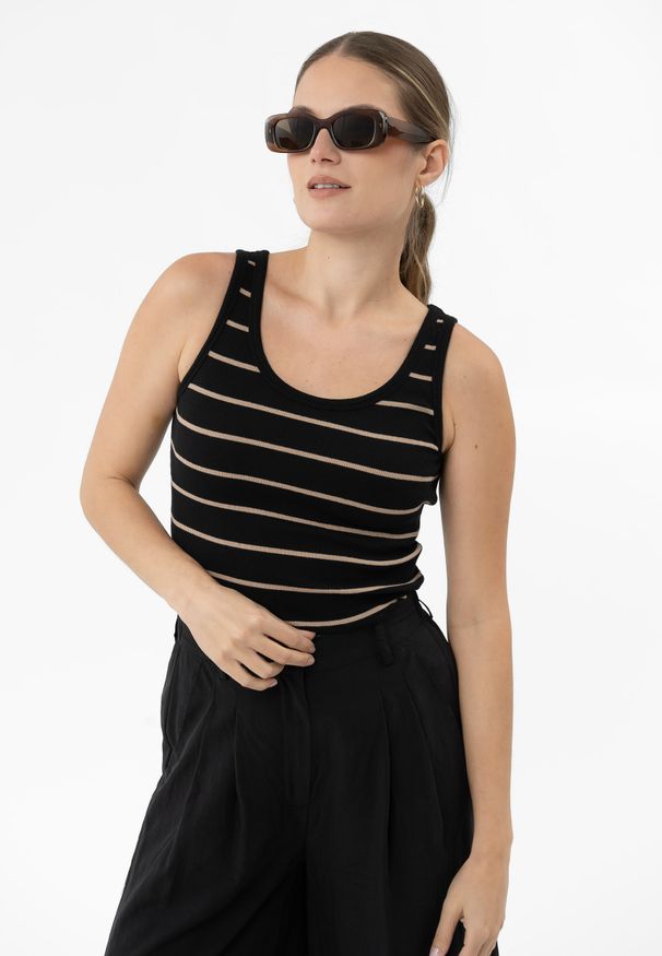 Volcano - Top w paski T-ESTER. Materiał: elastan, materiał, prążkowany, bawełna, jeans. Długość rękawa: na ramiączkach. Wzór: paski. Styl: klasyczny, sportowy