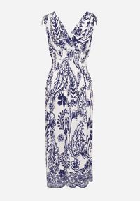 Born2be - Niebieska Sukienka z Roślinnym Wzorem i Kopertowym Dekoltem z Gumką w Talii Orrune. Okazja: do pracy, na co dzień, na spotkanie biznesowe. Typ kołnierza: dekolt kopertowy. Kolor: niebieski. Materiał: jeans. Sezon: lato. Typ sukienki: kopertowe. Styl: casual, klasyczny, biznesowy #5