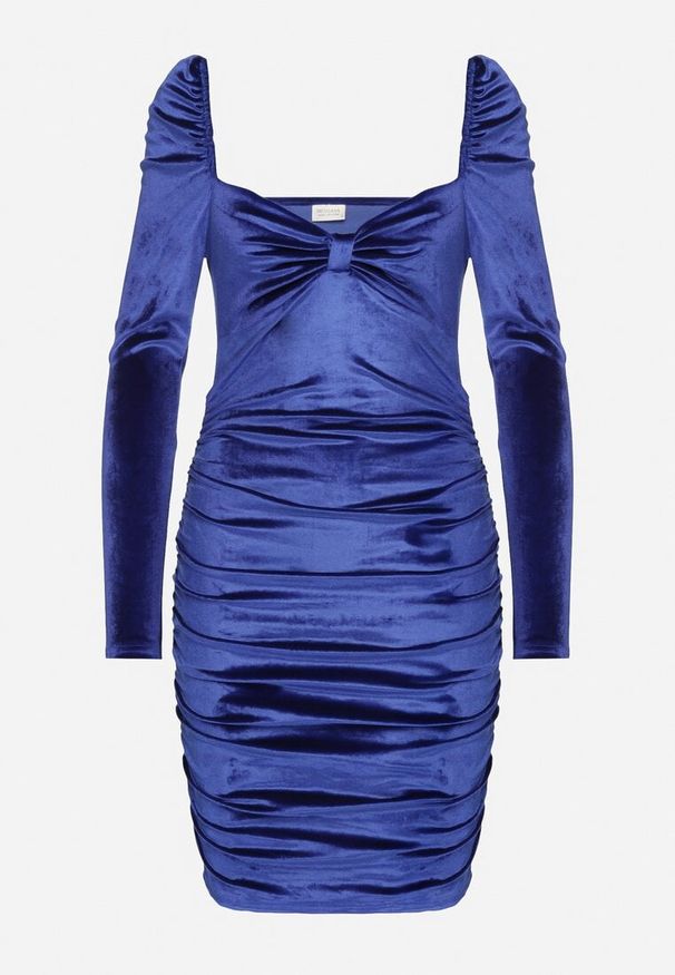 Born2be - Niebieska Dopasowana Welurowa Sukienka Ozdobiona Marszczeniem Sopaliae. Kolor: niebieski. Materiał: welur. Długość rękawa: długi rękaw. Wzór: aplikacja. Styl: klasyczny