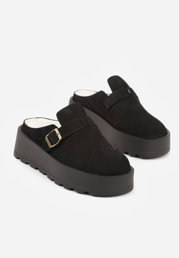 Renee - Czarne Śniegowce na Grubej Podeszwie z Niską Cholewką i Ozdobną Klamerką Vetibela. Wysokość cholewki: przed kostkę. Nosek buta: okrągły. Kolor: czarny. Materiał: zamsz, futro. Szerokość cholewki: normalna. Sezon: zima. Obcas: na koturnie. Wysokość obcasa: średni