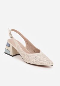 Renee - Beżowo-Niebieski Czółenka VICES z Ozdobnym Słupkiem Drobną Perforacją i Noskiem w Szpic Lynnsyss. Kolor: beżowy. Materiał: satyna. Obcas: na słupku. Styl: elegancki #5