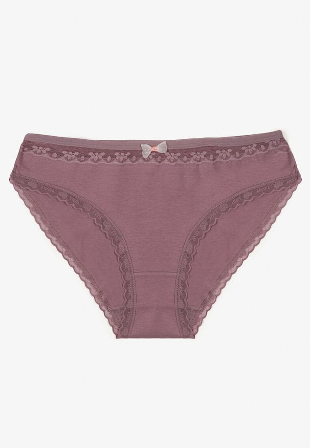 Born2be - Fioletowe Bawełniane Majtki Typu Figi z Koronką i Kokardą Zeteria. Kolor: fioletowy. Materiał: bawełna, koronka. Wzór: koronka