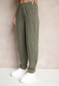 Renee - Ciemnozielone Spodnie z Bawełny High Waist Galili. Okazja: na co dzień. Stan: podwyższony. Kolor: zielony. Materiał: bawełna. Styl: klasyczny, elegancki, casual #3