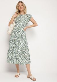 Born2be - Zielona Sukienka z Bawełną i Bufiastymi Rękawami Revilee. Okazja: na spacer, na co dzień. Kolor: zielony. Materiał: bawełna. Wzór: aplikacja. Styl: elegancki, casual #7