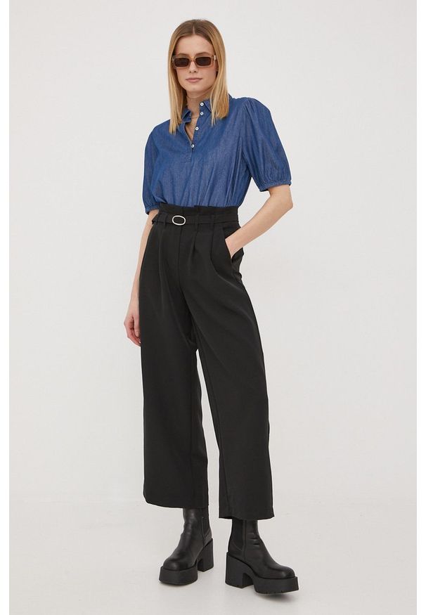 only - Only spodnie damskie kolor czarny szerokie high waist. Stan: podwyższony. Kolor: czarny