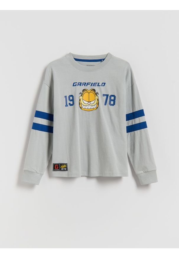 Reserved - Longsleeve GARFIELD - jasnoszary. Kolor: szary. Materiał: bawełna, dzianina. Długość rękawa: długi rękaw