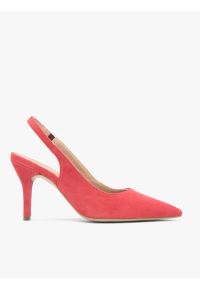 Ryłko - Czerwone czółenka bez pięty slingback. Kolor: czerwony. Materiał: welur, skóra. Obcas: na obcasie. Styl: street, klasyczny, elegancki. Wysokość obcasa: wysoki #1