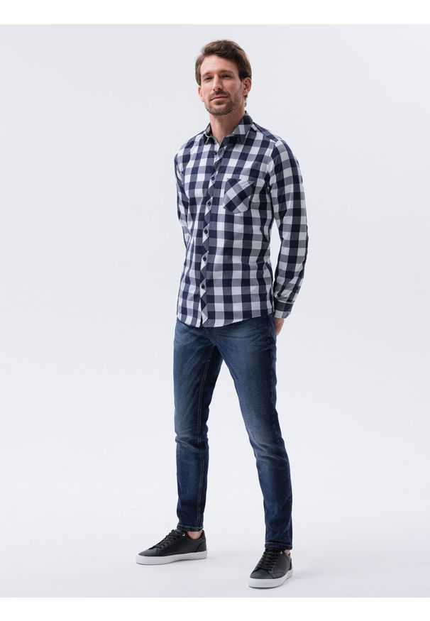 Ombre Clothing - Koszula męska w kratę z długim rękawem K282 - granatowa - XXL. Okazja: na co dzień. Kolor: niebieski. Materiał: bawełna, poliester. Długość rękawa: długi rękaw. Długość: długie. Wzór: aplikacja. Styl: casual