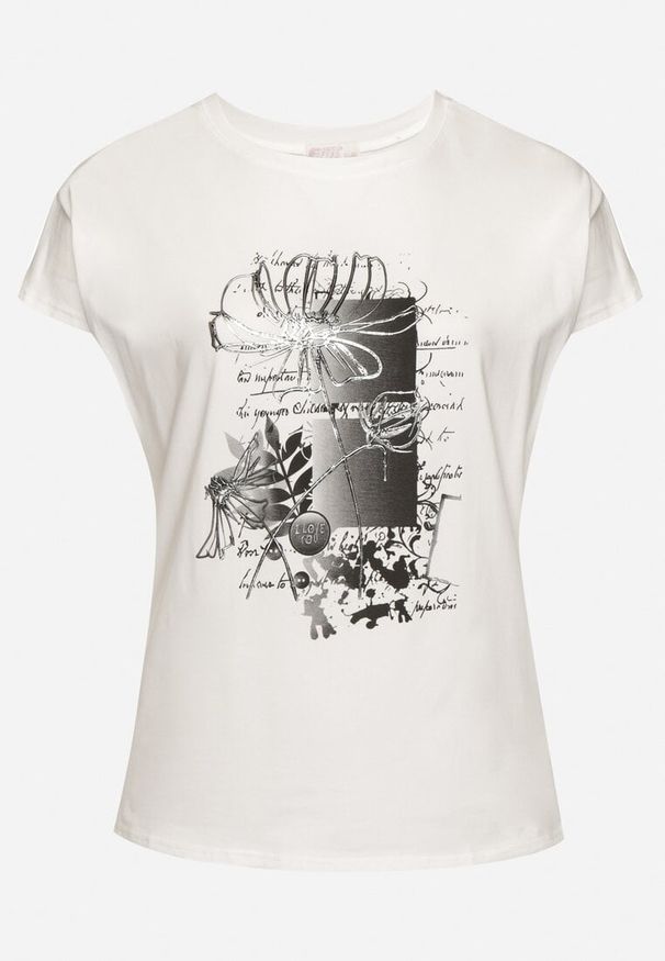 Born2be - Biały Bawełniany T-shirt z Metalicznym Nadrukiem Farilna. Okazja: na co dzień. Kolor: biały. Materiał: bawełna. Wzór: nadruk. Styl: casual