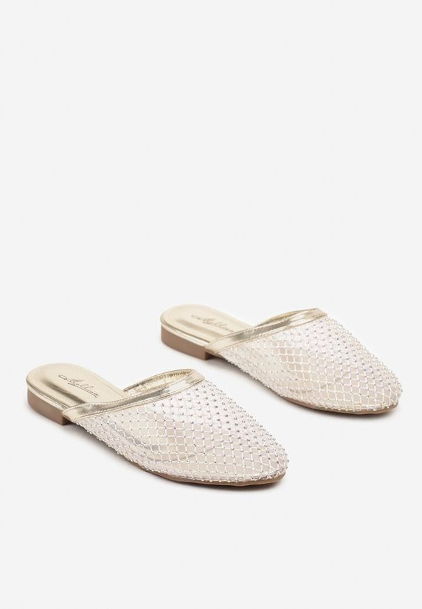 Renee - Złote Siateczkowe Klapki Ozdobione Cyrkoniami Palisna. Okazja: na co dzień. Kolor: złoty. Materiał: jedwab. Wzór: aplikacja. Sezon: wiosna, lato. Obcas: na obcasie. Styl: casual, elegancki. Wysokość obcasa: niski