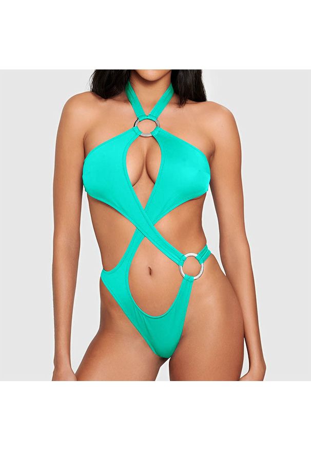 Intica - Strój kąpielowy z klamrami podkreślający sylwetkę na plażę lub basen Melike. Kolor: zielony. Materiał: materiał