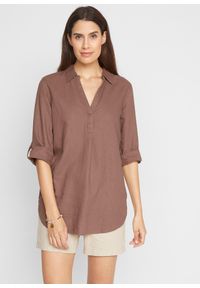 bonprix - Bluzka lniana, rękawy 3/4. Kolor: brązowy. Materiał: len #1
