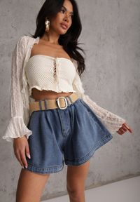 Renee - Granatowe Szorty Jeansowe High Waist z Bawełny z Elastycznym Paskiem Tinreia. Okazja: na co dzień. Stan: podwyższony. Kolor: niebieski. Materiał: bawełna, jeans. Długość: krótkie. Sezon: lato. Styl: casual #1