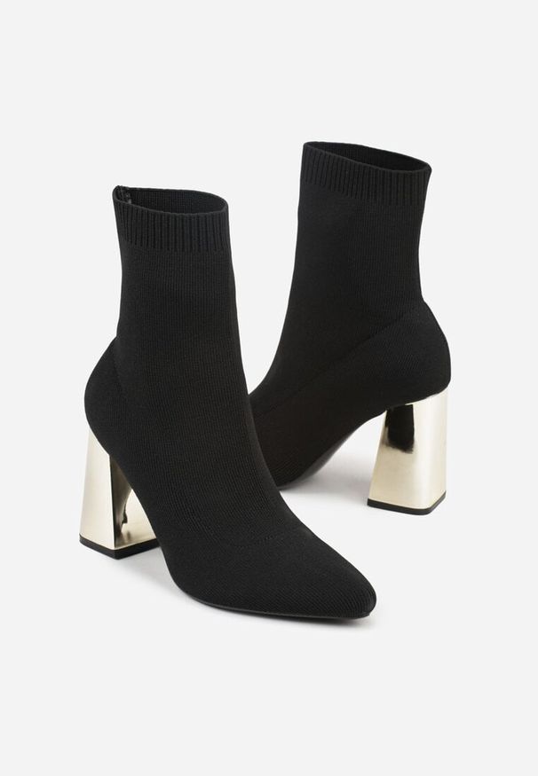 Renee - Czarno-Złote Skarpetkowe Botki VICES na Słupku w Eleganckim Stylu Rarana. Zapięcie: bez zapięcia. Kolor: czarny. Materiał: skóra. Obcas: na słupku. Styl: elegancki. Wysokość obcasa: średni