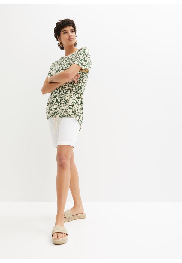 bonprix - Shirt z dłuższym tyłem, z wiązanym troczkiem. Kolor: zielony. Materiał: bawełna. Długość: długie