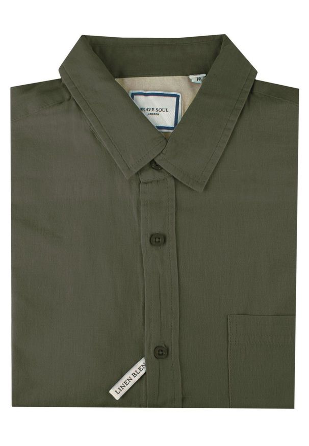 Koszula Weekendowa z Lnem, Krótki Rękaw - Brave Soul - Khaki. Okazja: na co dzień. Kolor: brązowy. Materiał: bawełna, len. Długość rękawa: krótki rękaw. Długość: krótkie. Styl: casual