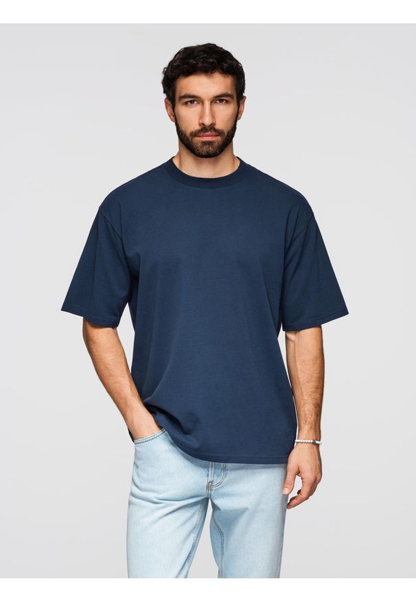 Ombre Clothing - T-shirt bawełniany męski LOOSE FIT z okrągłym dekoltem – granatowy V9 - Rozmiar: XL. Okazja: na co dzień. Kolor: niebieski. Materiał: bawełna. Styl: casual, klasyczny