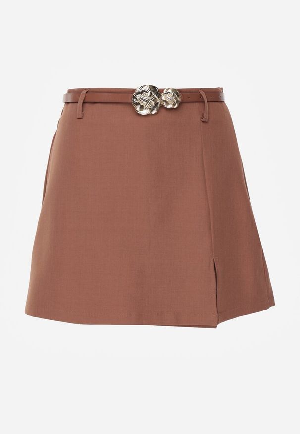 Renee - Brązowe Spódnico-Szorty High Waist Ozdobione Metaliczną Aplikacją i Paskiem Retness. Okazja: na co dzień. Stan: podwyższony. Kolor: brązowy. Wzór: aplikacja. Styl: casual