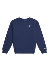 Bluza dziecięca New Balance LAKB0070NNY – granatowa. Okazja: na co dzień. Typ kołnierza: bez kaptura. Kolor: niebieski. Materiał: bawełna. Wzór: napisy, aplikacja. Styl: sportowy, casual