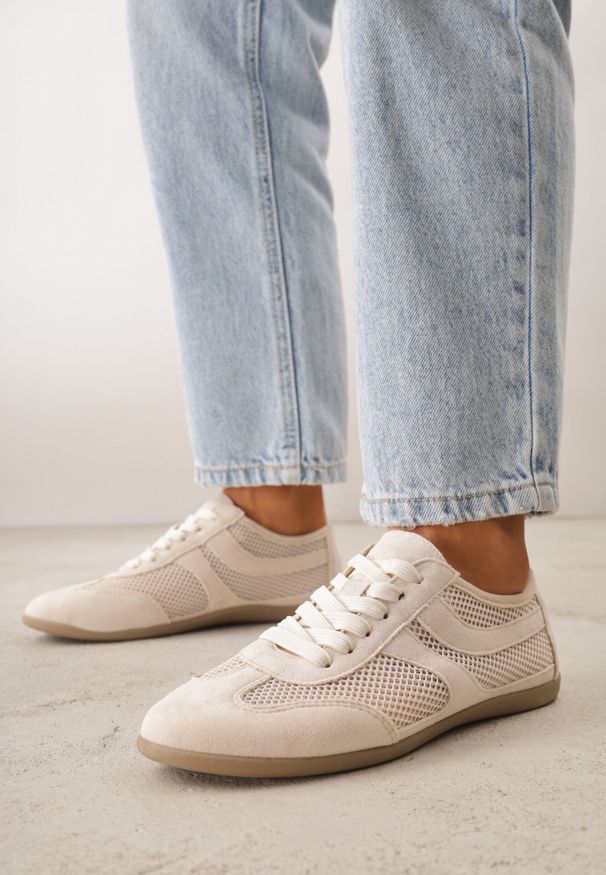 Born2be - Beżowe Sneakersy Typu Tenisówki z Siateczkowymi Wstawkami Corigoria. Okazja: na co dzień. Kolor: beżowy. Materiał: jeans