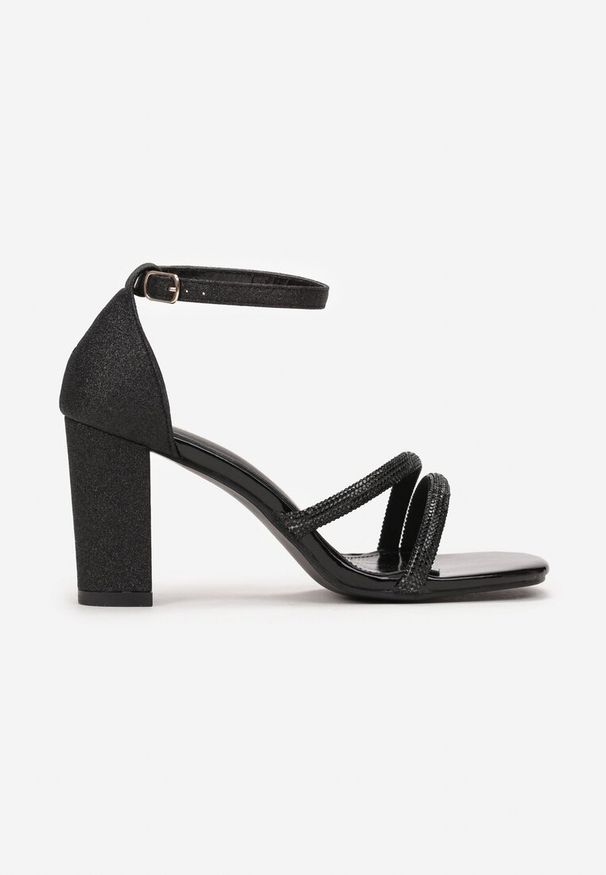 Renee - Czarne Sandały na Słupku z Brokatem i Cyrkoniami Axerise. Kolor: czarny. Obcas: na słupku