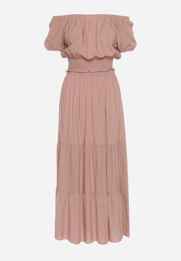 Born2be - Ciemnobeżowy Komplet na Lato z Wiskozy Bluzka Hiszpanka i Rozkloszowana Spódnica Svaine. Kolor: beżowy. Materiał: wiskoza