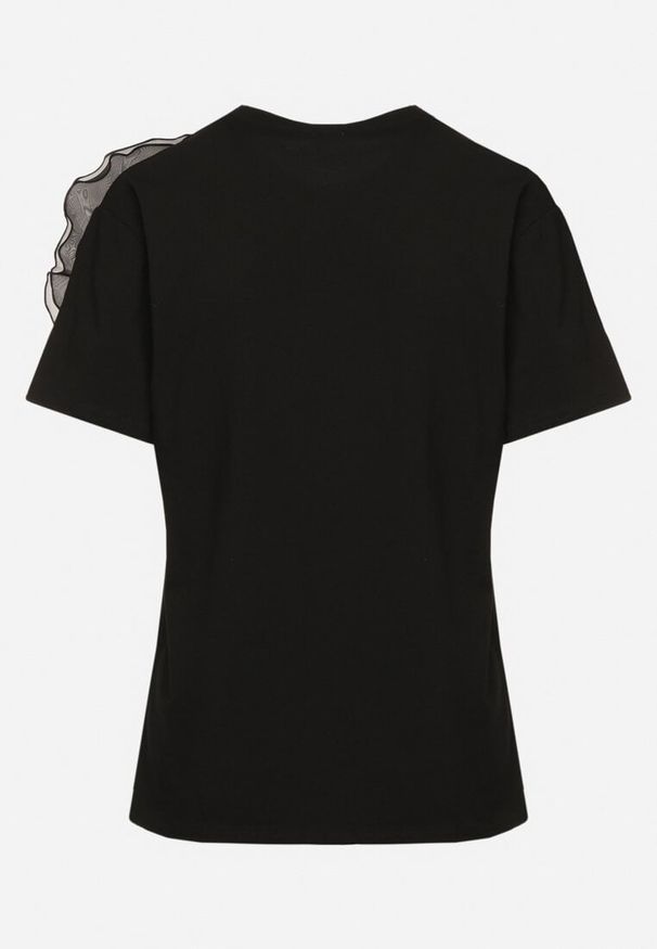Born2be - Czarny T-shirt Koszulka z Krótkim Rękawem i Aplikacją w Kształcie Kwiatu Nestairis. Kolor: czarny. Długość rękawa: krótki rękaw. Długość: krótkie. Wzór: aplikacja, kwiaty. Styl: klasyczny