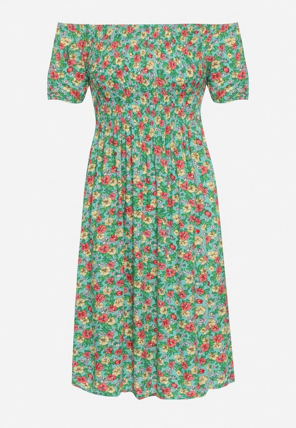 Born2be - Jasnozielona Sukienka z Wiskozy w Kwiaty z Hiszpańskim Dekoltem Latiana. Okazja: na co dzień. Kolor: zielony. Materiał: wiskoza. Wzór: kwiaty. Sezon: lato. Styl: casual, elegancki