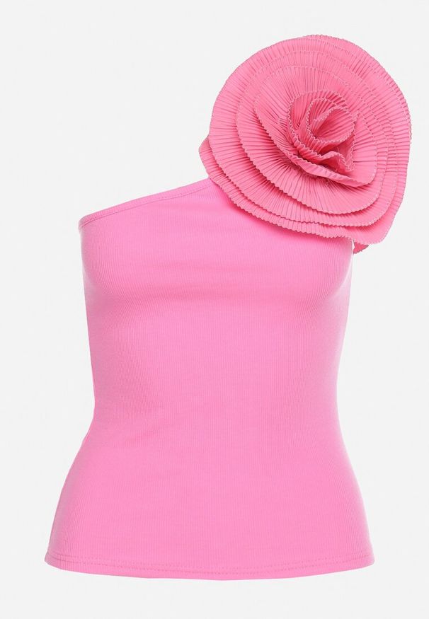 Born2be - Fuksjowa Asymetryczna Bluzka Top z Bawełny Ozdobiona Kwiatem 3D Ulsavia. Kolor: różowy. Materiał: bawełna. Wzór: aplikacja, kwiaty. Styl: elegancki, klasyczny