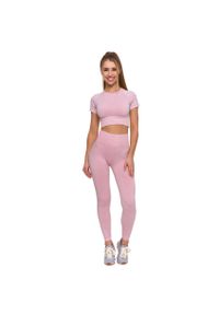 Różowy Damski Komplet Top+Legginsy Moraj. Okazja: na co dzień. Kolor: różowy. Materiał: materiał. Długość rękawa: krótki rękaw. Długość: krótkie. Styl: sportowy, elegancki, casual