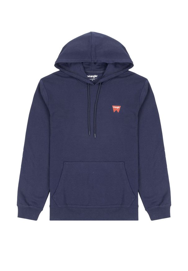 Wrangler - WRANGLER SIGN OFF HOODIE MĘSKA BLUZA Z KAPTUREM NIEROZPINANA REAL NAVY W651I3XW4. Typ kołnierza: kaptur