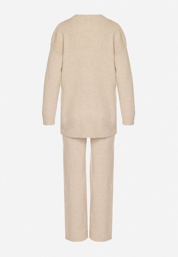 Born2be - Beżowy Dzianinowy Komplet z Bawełną i Wełną Długi Sweter i Szerokie Spodnie Reinesa. Kolor: beżowy. Materiał: wełna, bawełna, dzianina